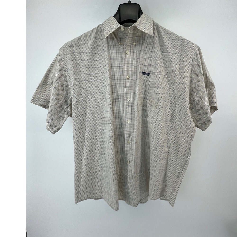 Chaps Button Down Shirt Mens XL Tan Blue Plaid Short Sleeve Pocket Cotton